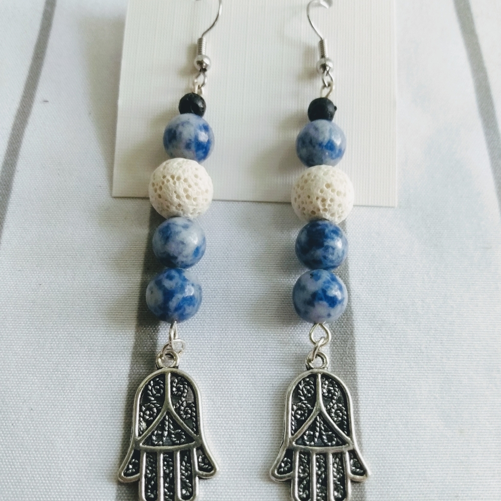 Blue Jasper Hamsa Aroma Earrings - Picture 8 of 9